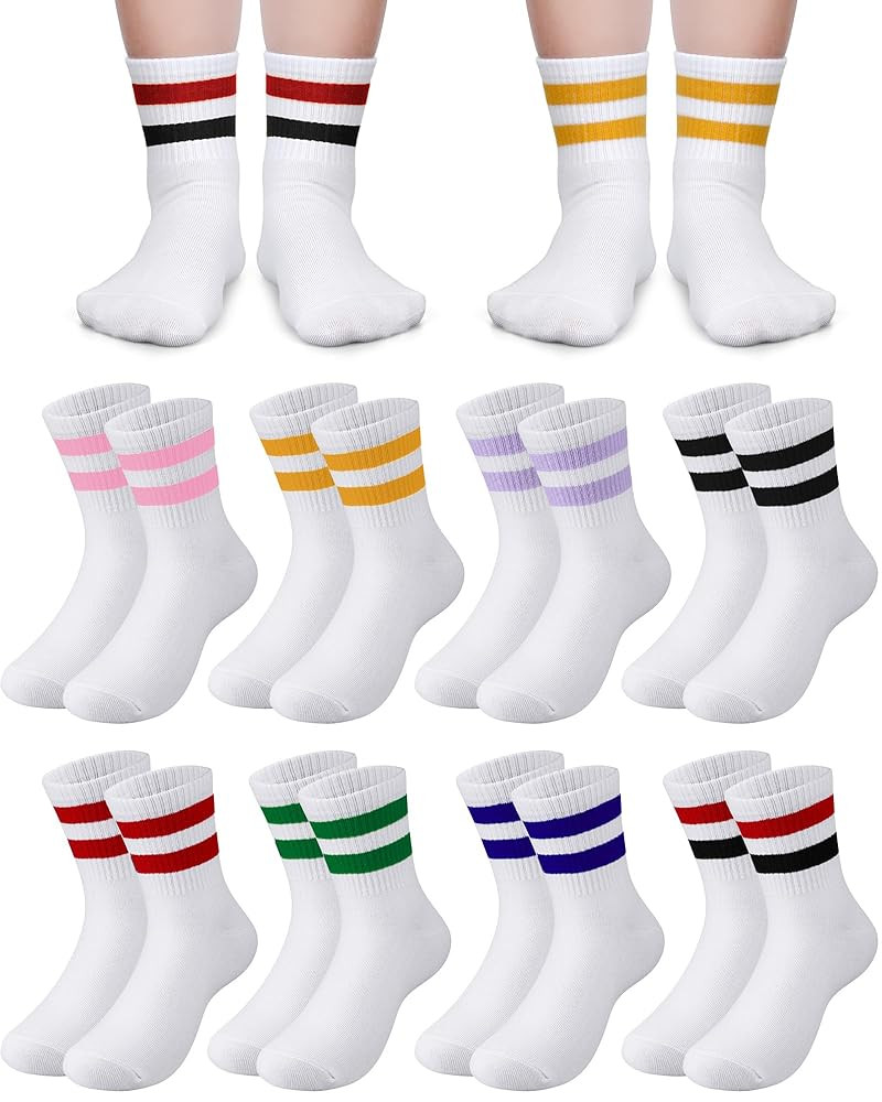 8 Pairs Kids Stripe Socks Cotton Crew Socks Colorful Retro Stripe Athletic Hosiery for School Kid... | Amazon (US)