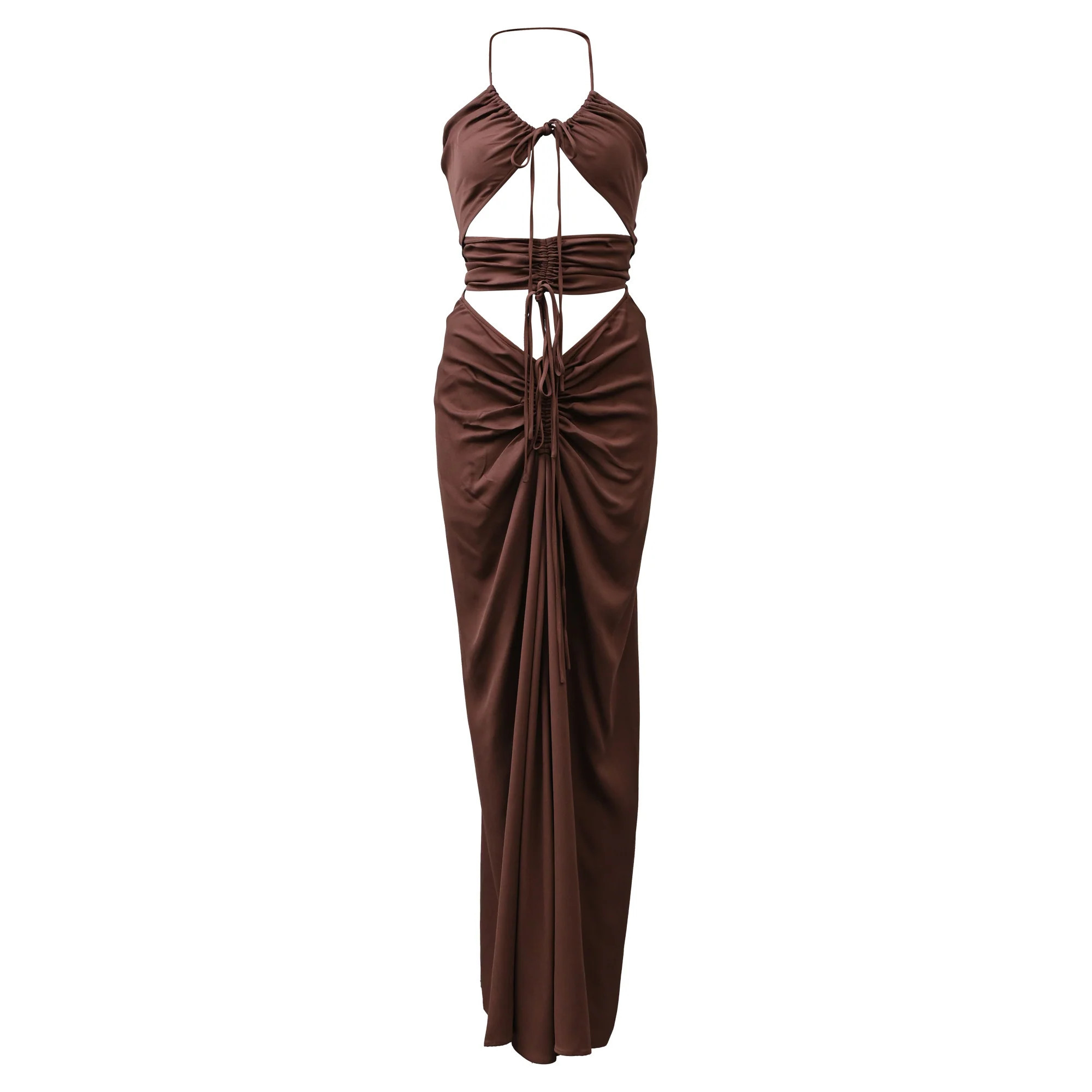 Christopher Esber Cutout Halterneck Maxi Dress in Brown Viscose | Shop Simon