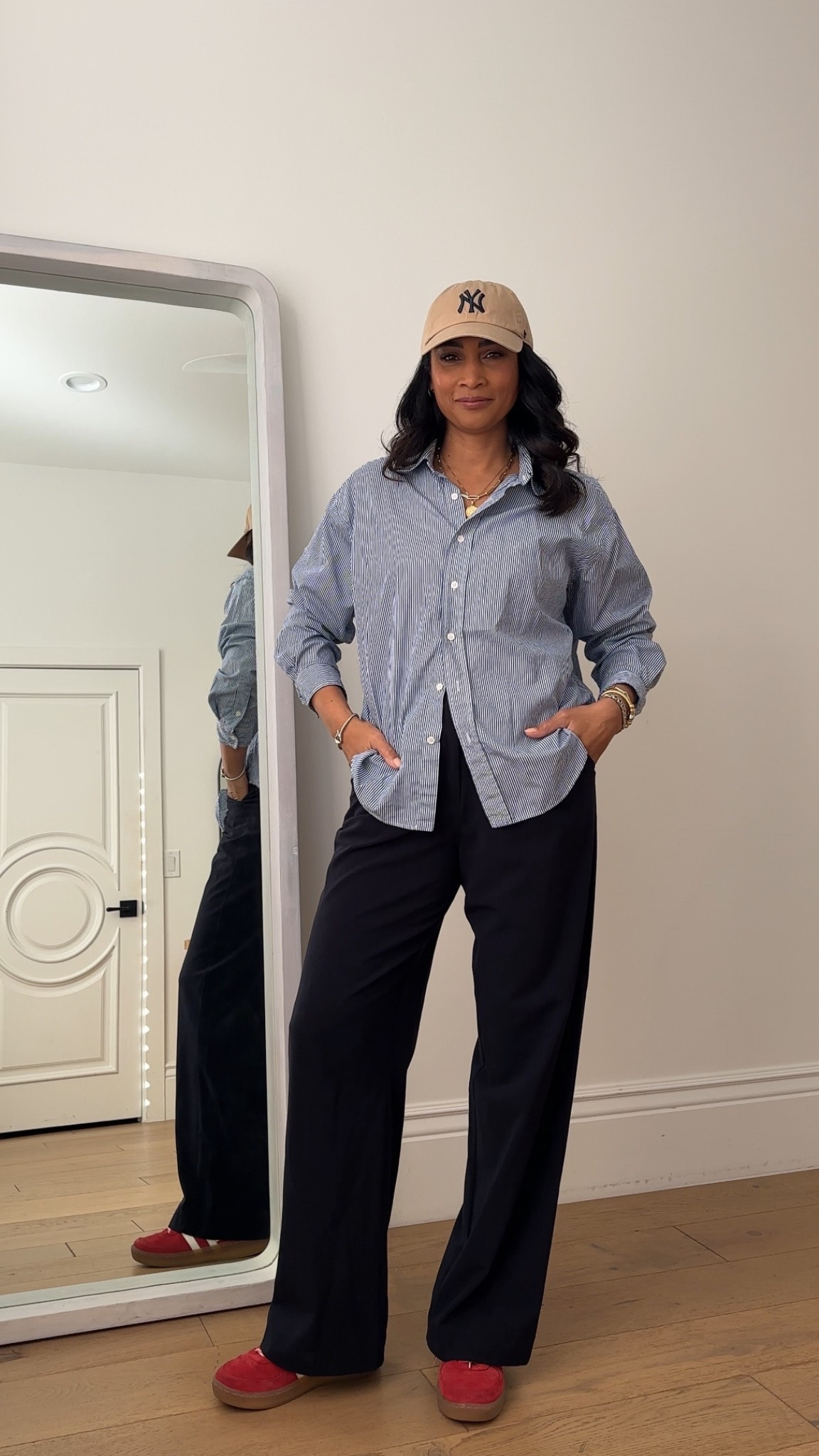 Striped button pairs well with trousers and sneaks for an easy casual early spring outfit. Trousers and sneaks fit true to size.



#LTKmomlife #LTKTall #LTKOver40