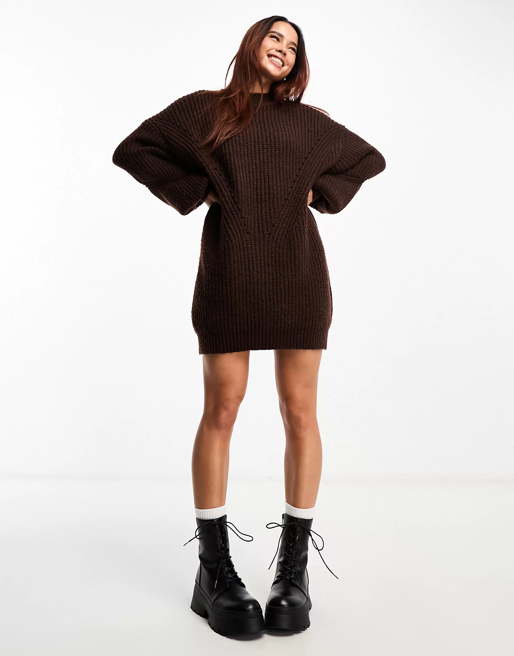 Miss Selfridge slouchy chunky knit mini dress in chocolate | ASOS (Global)