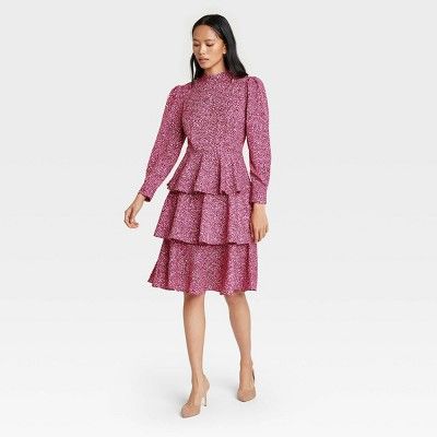 Women's Leopard Print Puff Long Sleeve A-Line Dress - Who What Wear™ Pink | Target