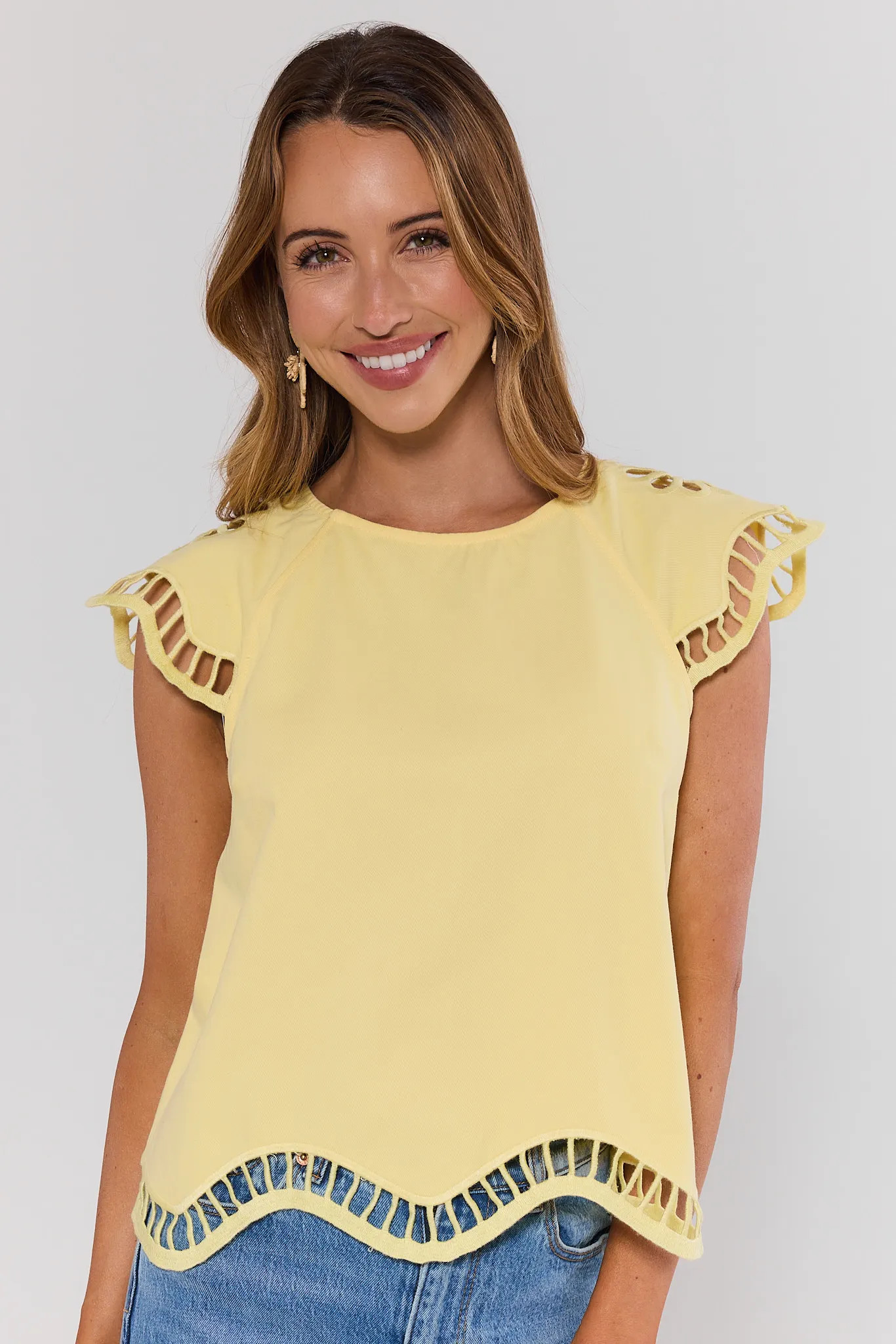 Yellow Eyelet Flutter Sleeve Top | Avara