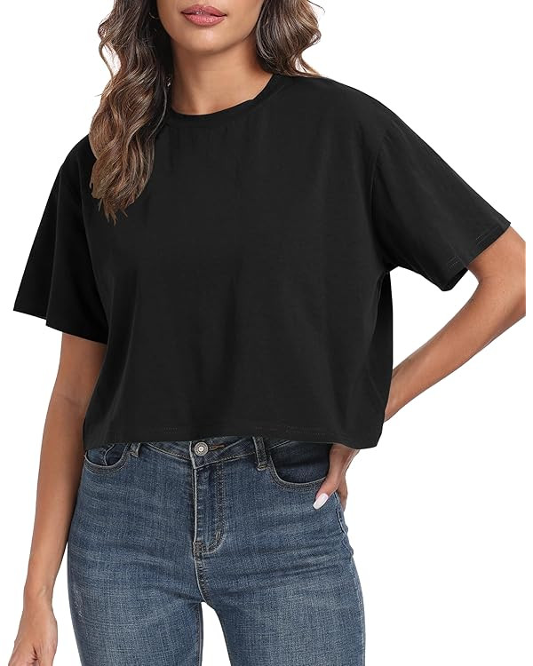 PRIMODA Women's Oversized Workout Cropped T Shirts Crew Neck Short Sleeve Casual Loose Summer Cro... | Amazon (US)