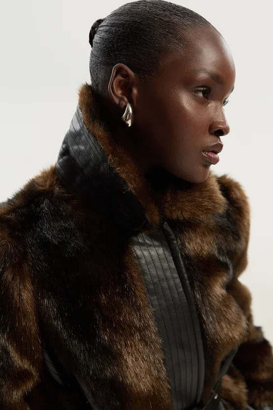 Faux Fur PU Panelled Belted Midi Coat | Karen Millen UK + IE + DE + NL