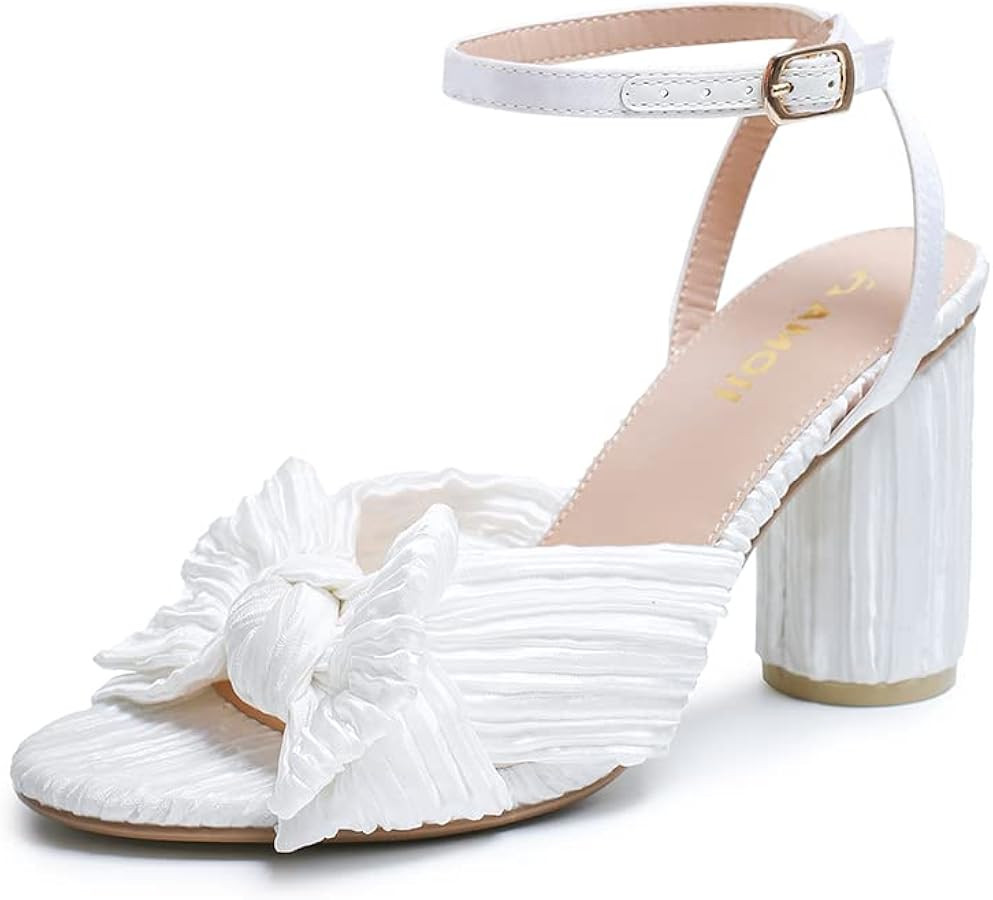 AMOJI Women's 3.7 Inches Block Heeled Sandal Bowknot Chunky Wedding Party Dress Shoes with Ankle ... | Amazon (CA)