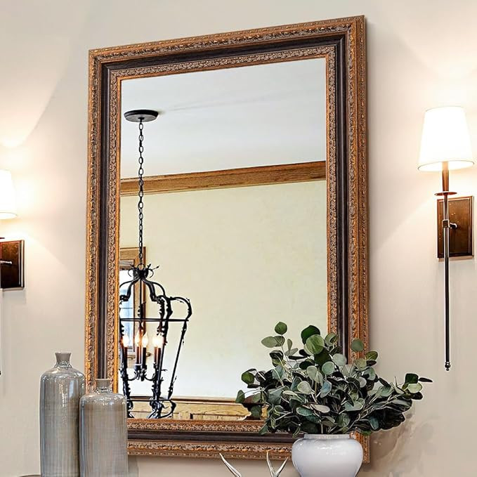 Autdot Bronze Accent Mirror 41.5" X 30", Antique Mirror | Handmade Aging 3D Carvings Wood Frame |... | Amazon (US)