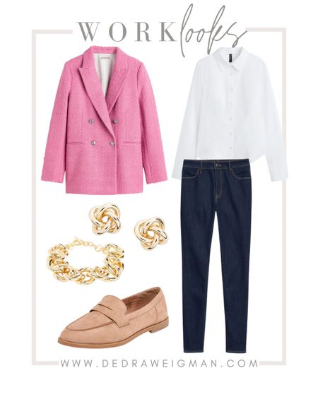 Work outfit idea! Loving this bright pop of pink blazer paired with dark jeans a white button down shirt. 

#workoutfit #blazer #jeans 

#LTKFind #LTKworkwear #LTKunder100