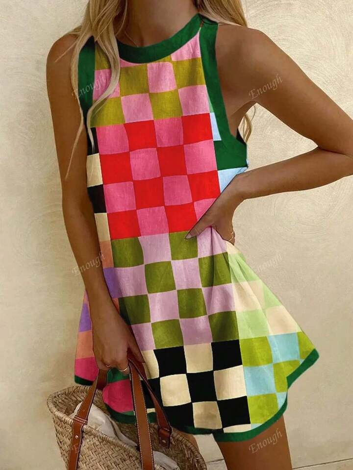 BOHO Seaside Resort Sleeveless Colorful Plaid Women's Short Dresses | SHEIN