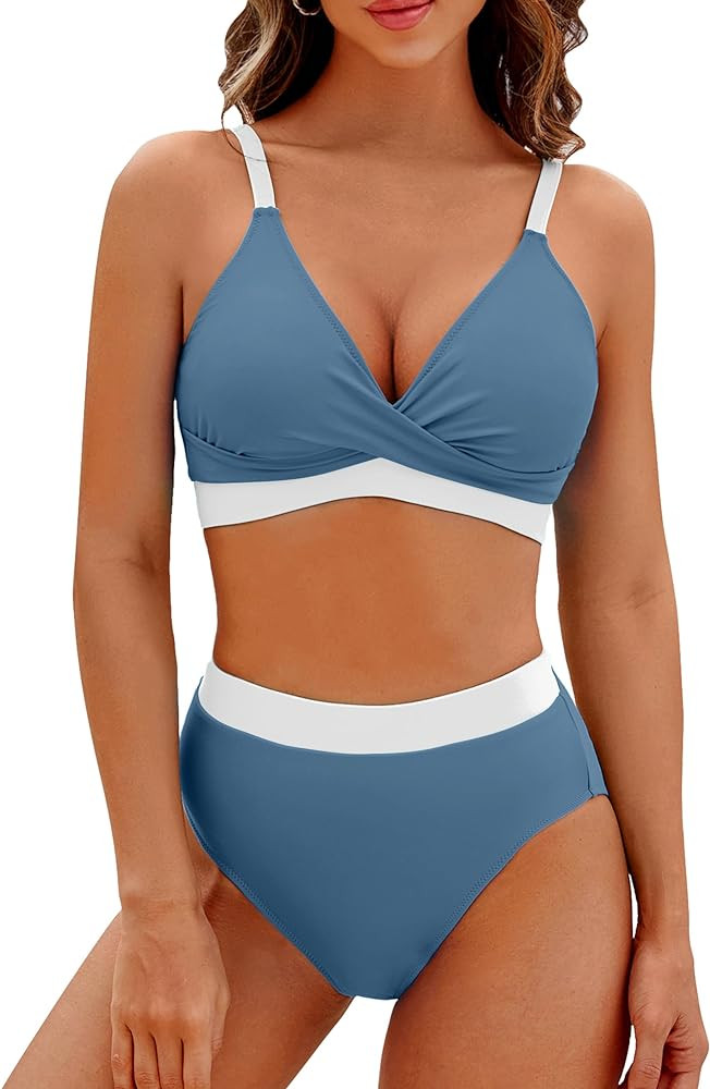 BMJL Women's High Waisted Bikini Sets V Neck Two Piece Swimsuit Color Block Twist Front Bathing S... | Amazon (US)