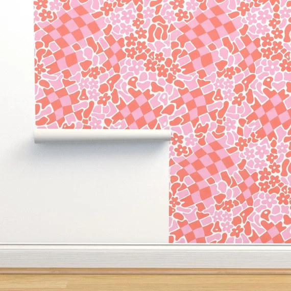 Vintage Orange Pink Wallpaper  Retro Abstract Checkers by - Etsy | Etsy (US)
