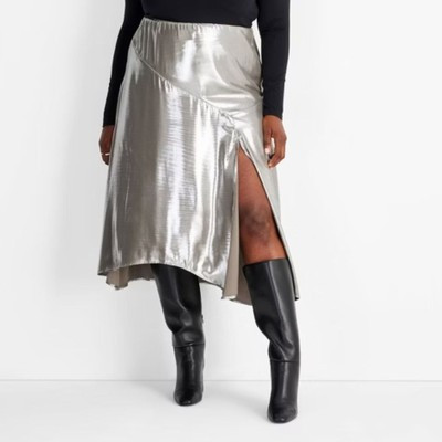Future Collective Women's Flowy Satin Midi Skirt Cocktail Metallic Silver 2X | eBay US