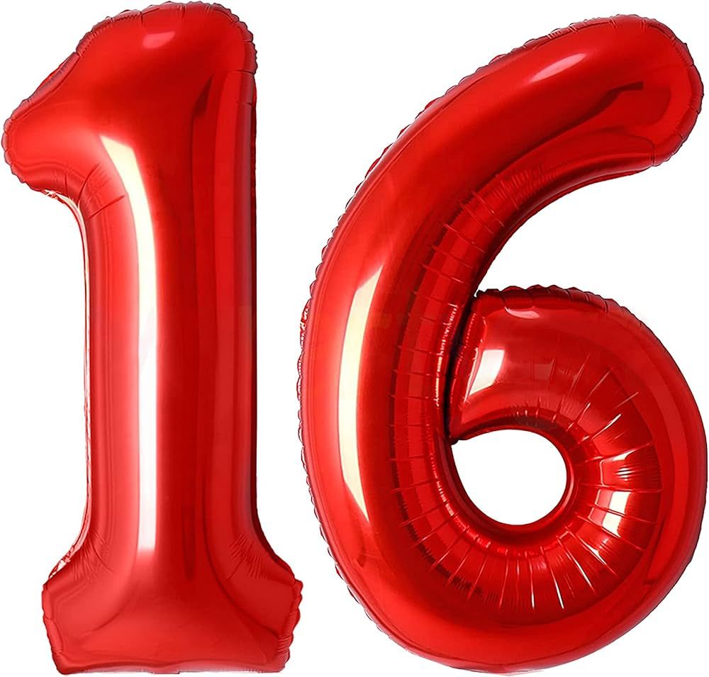 16 Balloons Number Red Big Giant Jumbo Number 16 Foil Mylar Balloons for Sweet 16th Birthday Part... | Amazon (US)