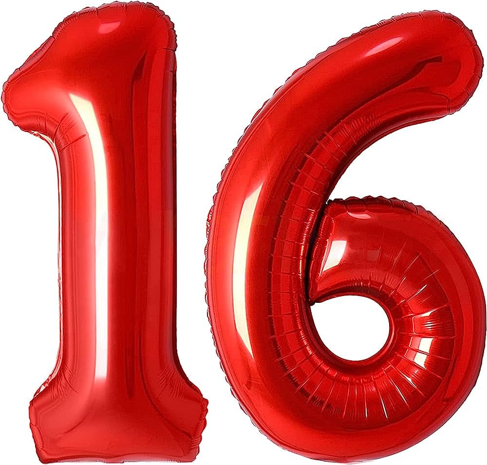 16 Balloons Number Red Big Giant Jumbo Number 16 Foil Mylar Balloons for Sweet 16th Birthday Part... | Amazon (US)