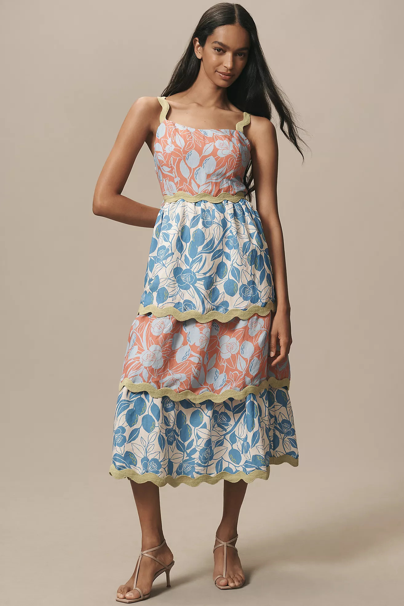 Farm Rio x Anthropologie Linen Blend Tiered Ric Rac Midi Dress | Anthropologie (US)
