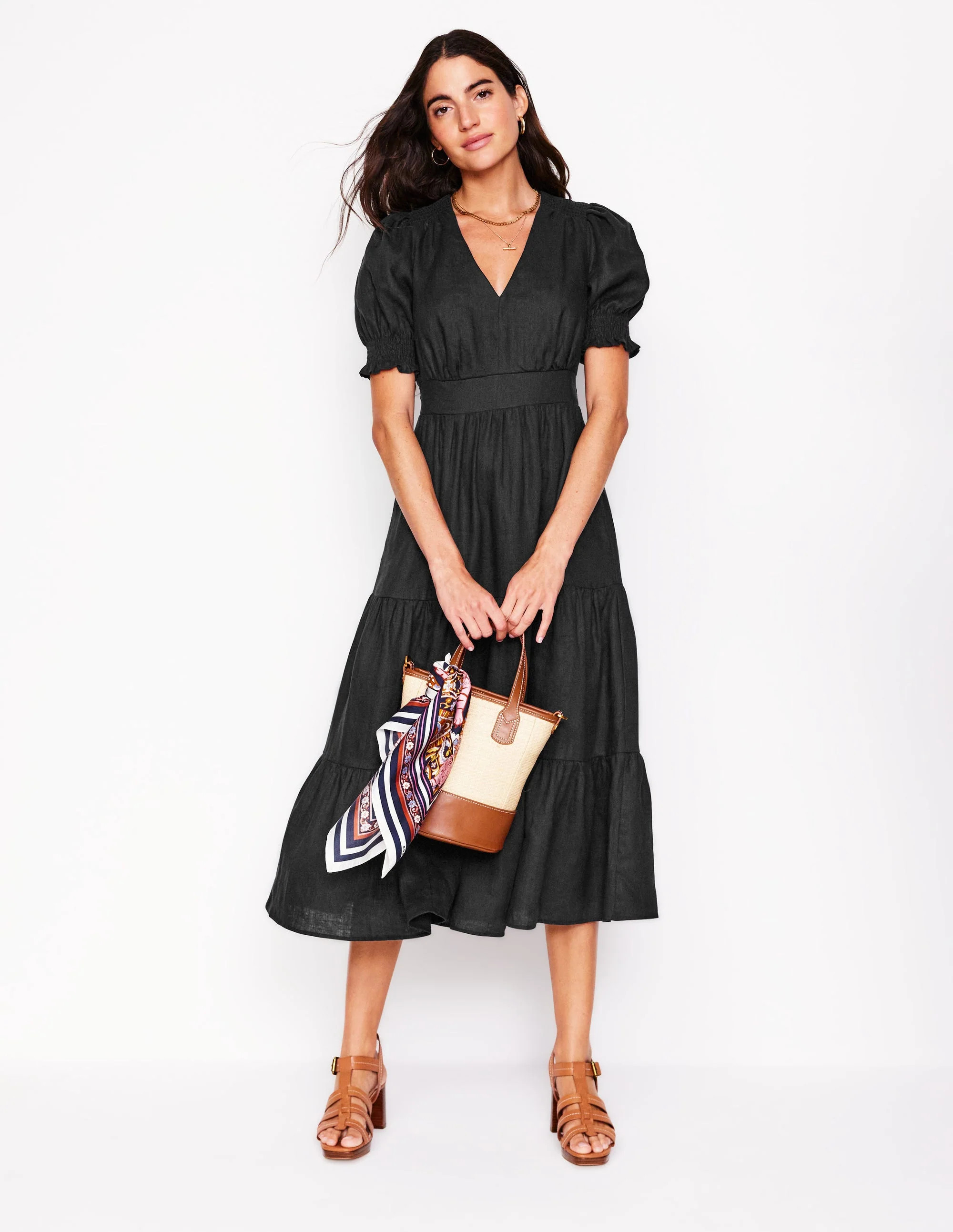Anna Linen Tiered Midi Dress-Black | Boden UK