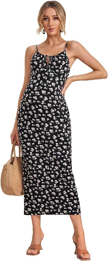 Floerns Women's Maternity Floral Print Sleeveless Self Tie Front Cami Long Dress | Amazon (US)