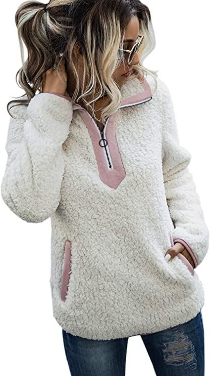 AQOTHES Womens Loose Casual Zipper Sherpa Fleece Pockets Pullover Sweatshirt Outwear | Amazon (US)