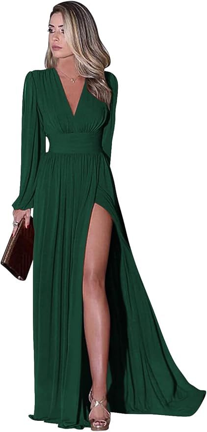 Miao Duo Women's Long Sleeve Prom Dress with Pockets V Neck Split Formal Evening Gowns YZTS019 | Amazon (US)
