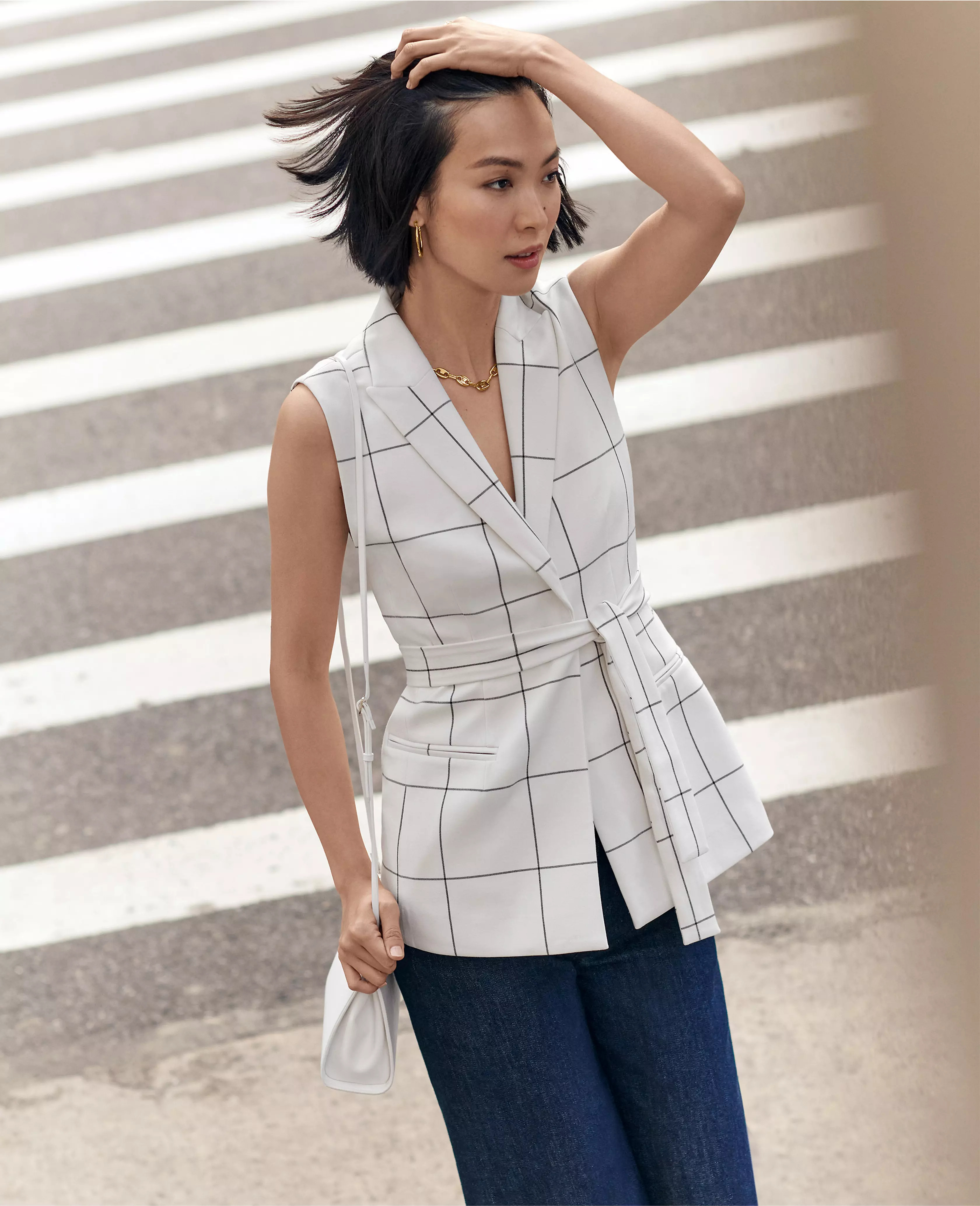 Petite Windowpane Long Belted Vest | Ann Taylor (US)