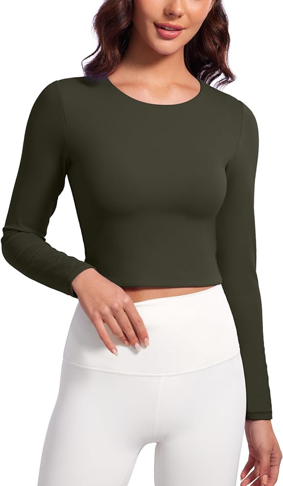 CRZ YOGA Butterluxe Double Lined Long Sleeve Workout Tops for Women Crew Neck Fitted Crop Tshirts... | Amazon (US)