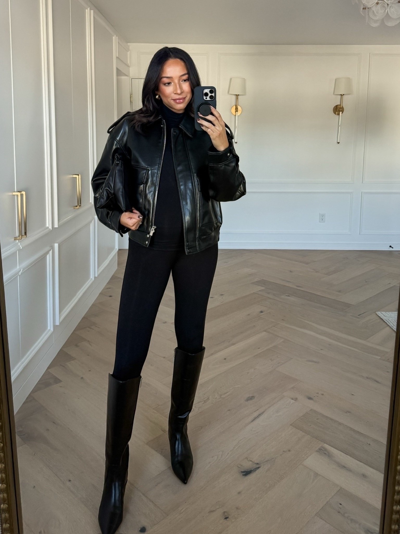 Bump friendly fall capsule wardrobe 🍂 wearing size S black turtleneck, size M black leather jacket, size S black leggings, knee high boots fit tts 

Fall outfit 
Fall fashion 
Fall essentials 
Closet staples 
Closet essentials
Outfit idea
Outfit inspo 

#LTKSeasonal #LTKStyleTip #LTKBump