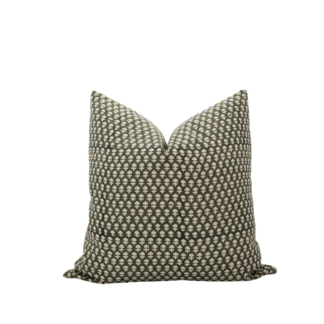DARU Dark Olive Green Floral Pillow Cover Block Print Pillow Farmhouse Pillow Moody Pillow Cover ... | Etsy (US)