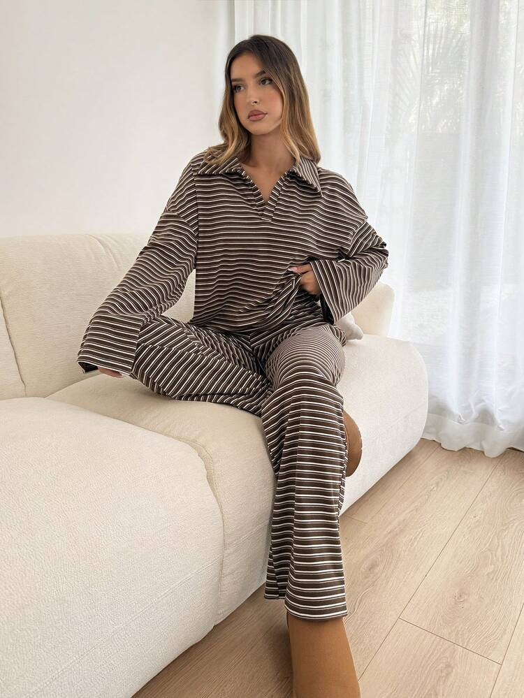 Siren Gaze Women's 2pcs Set Loose Striped V-Neck Drop Shoulder Long Sleeve T-Shirt &Elastic Waist Striped Pants, Winter Sweater Suit ,Autumn/Winter, Brown, Casual Sets For Women, New Year Clothes, Christmas Pajamas, New Year Pajamas, Family Christmas Matching Pajamas Set, Casual Sets For Women Brown Two Piece Set Women Spring | SHEIN