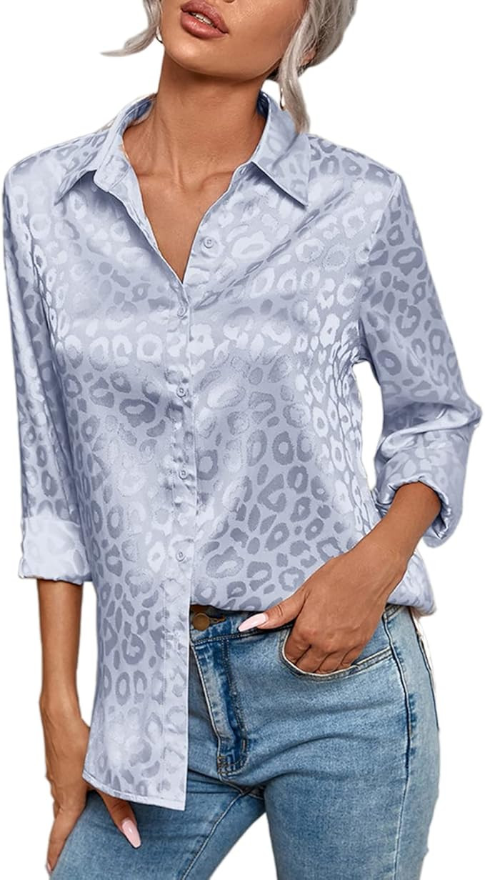 NIGHTMISS Women V Neck Long Sleeve Button Down Satin Office Dress Shirt Leopard High Low Hem Butt... | Amazon (US)