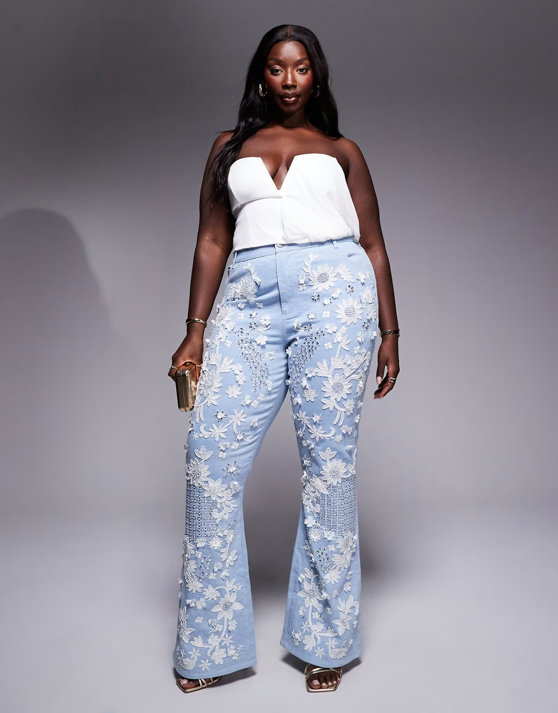 ASOS LUXE Curve white jewel embellished denim flared jeans in mid wash blue | ASOS (Global)