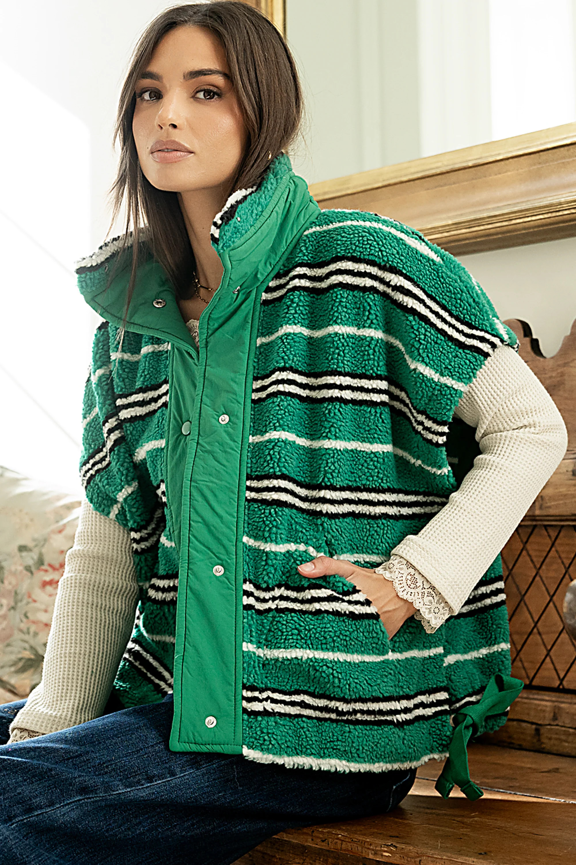 Mellanie Striped Sherpa Vest in Green | Böhme US