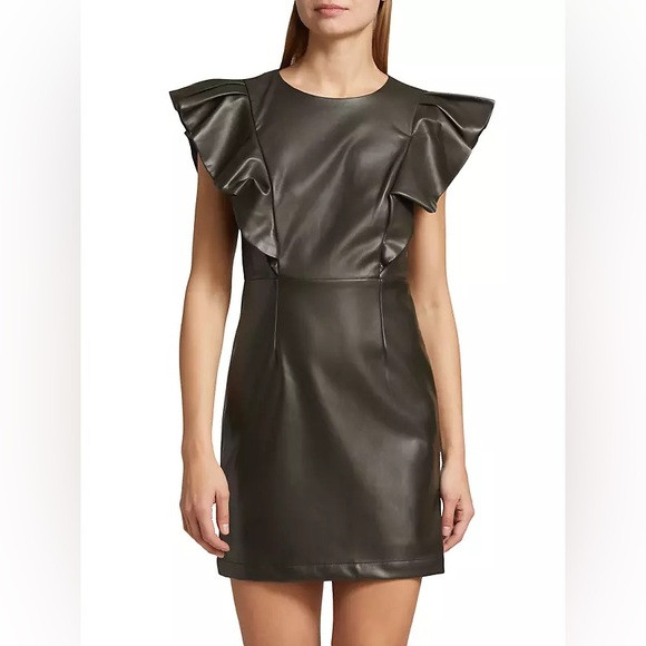 [en saison] layne faux leather ruffle shoulder mini dress olive XS | Poshmark