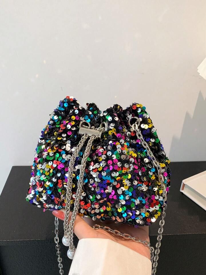 Glitter Bling,Shiny Glamorous,Elegant,Exquisite Mini Bucket Bag Sequin & Faux Pearl Decor Chain D... | SHEIN