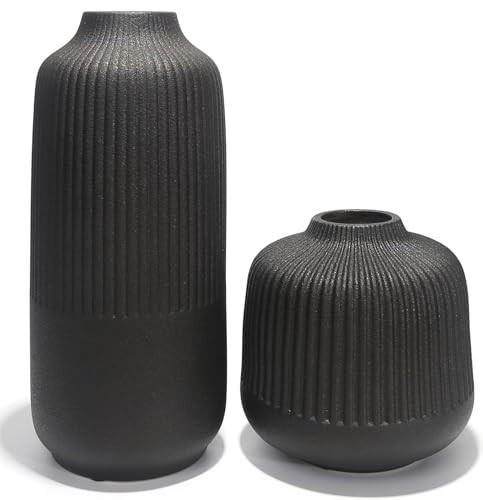 Black Ceramic Vase Set of 2, Modern Decor, Neutral Vases for Home Decor Boho Decor, Vases for Kitchen, Bedroom, Office, Living Room & Bathroom, Shelf Decor, Centerpiece Table,Mantel (Matt Black) | Amazon (US)
