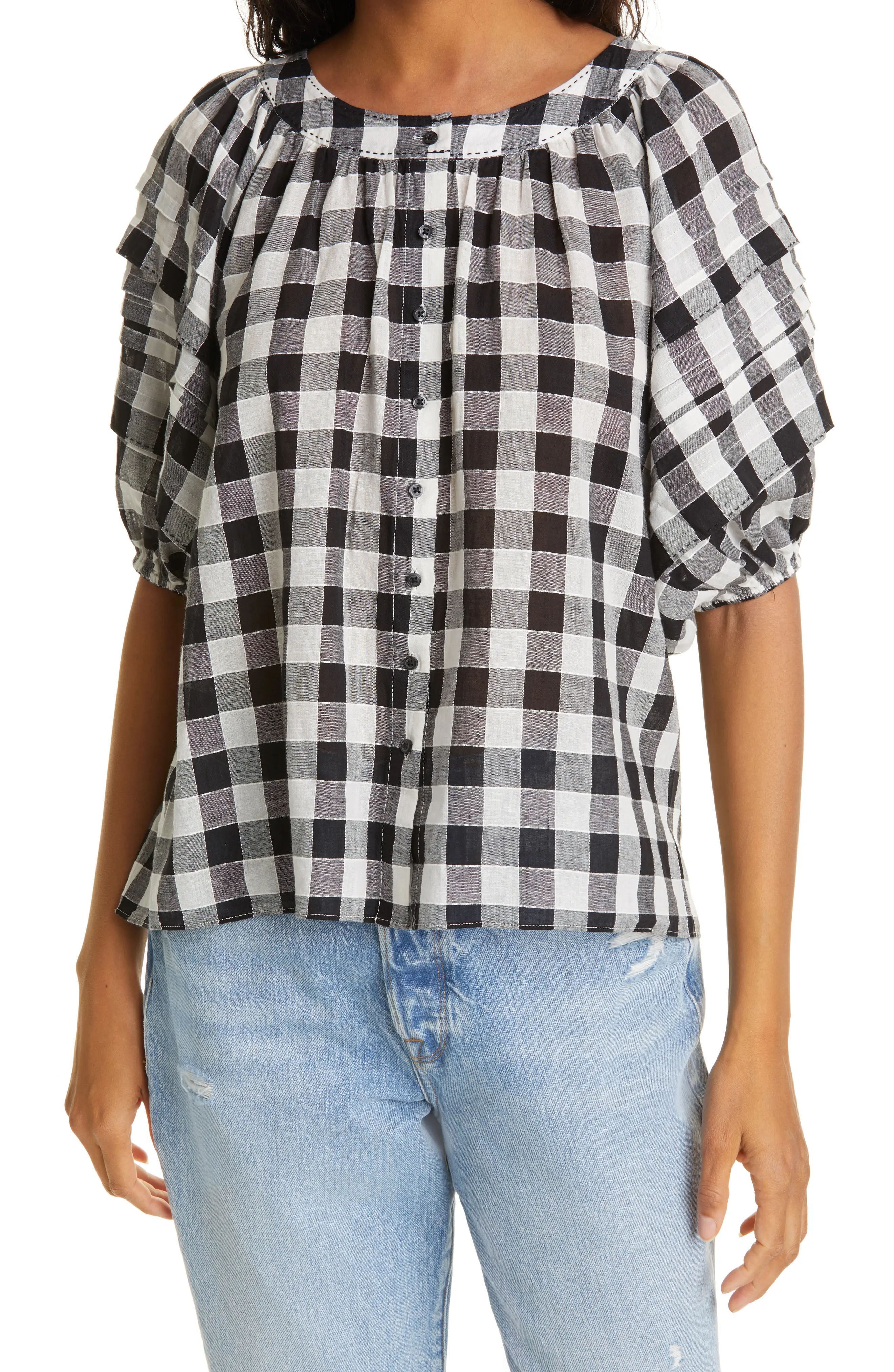 THE GREAT. Carriage Blouse in Black Cream Gingham at Nordstrom, Size 3 | Nordstrom