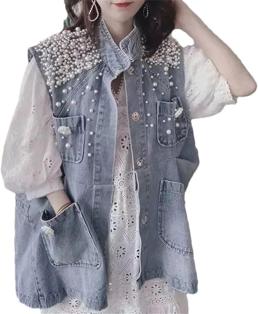 Women Pearl Denim Waistcoat Fashion Cardigan Vintage Loose Single-Breasted Vest Sleeveless Jacket | Amazon (US)