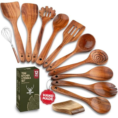 12 Pcs Wooden Cooking Utensils Set – Luxury Wooden Kitchen Utensils with Holder, Versatile Wooden Spoons for Cooking & Durable Teak Wood Utensil Set for Modern Home - Cooking spoons with Spatula | Amazon (US)