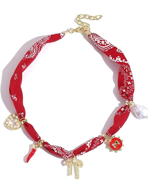 Beach Scarf Necklace With Charm Bandana Charm Necklace with Bow Cherry Scarf Necklaces for Women ... | Amazon (US)