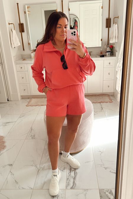 curvy casual saturday athleisure look! wearing size 12 in pink glaze crew half zip and 4” shorts. 

#LTKmidsize #LTKfindsunder100 #LTKfitness