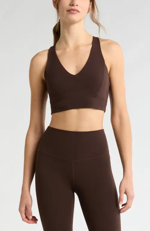 Zella Studio Luxe V-Neck Racerback Sports Bra in Brown Mole at Nordstrom, Size Small | Nordstrom