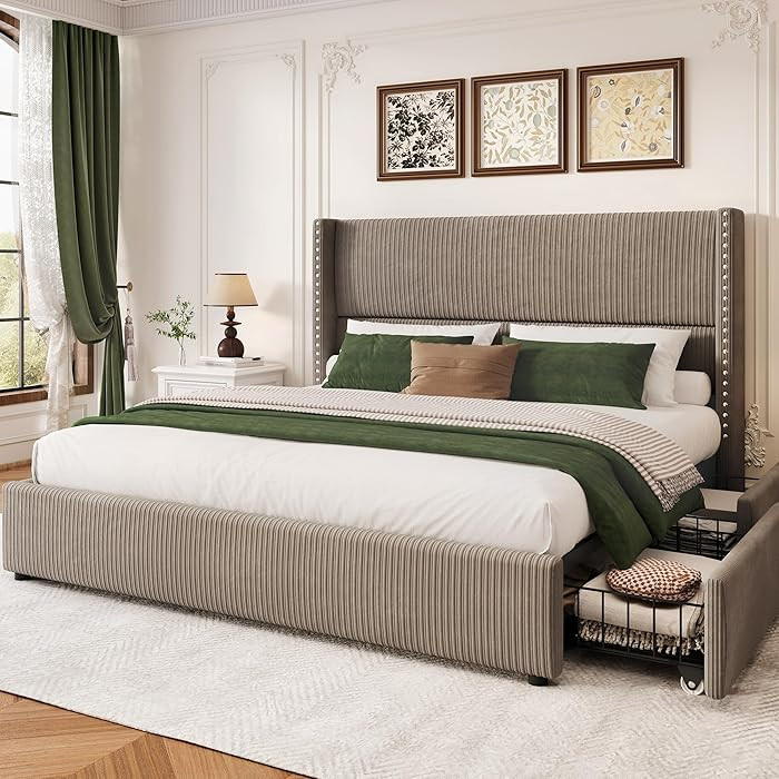 LARMACE Queen Size Bed Frame with 4 Storage Drawers Queen Bed Frame with Headboard Upholstered Co... | Amazon (US)