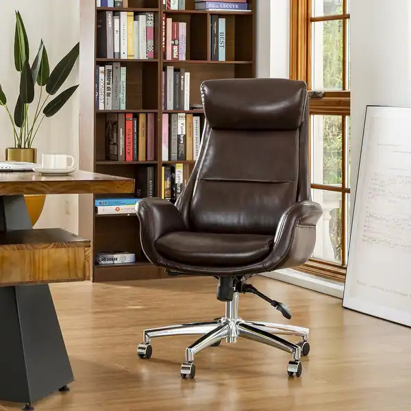 Glitzhome 48-inch Mid-century Adjustable Swivel Faux Leather Office Chair - Coffee | Bed Bath & Beyond