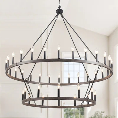 Bralen 36 - Light 2-Tiers Large Dimmable Wagon Wheel Chandelier Farmhouse Round Vintage Candle Style Dining Room Chandelier | Wayfair North America