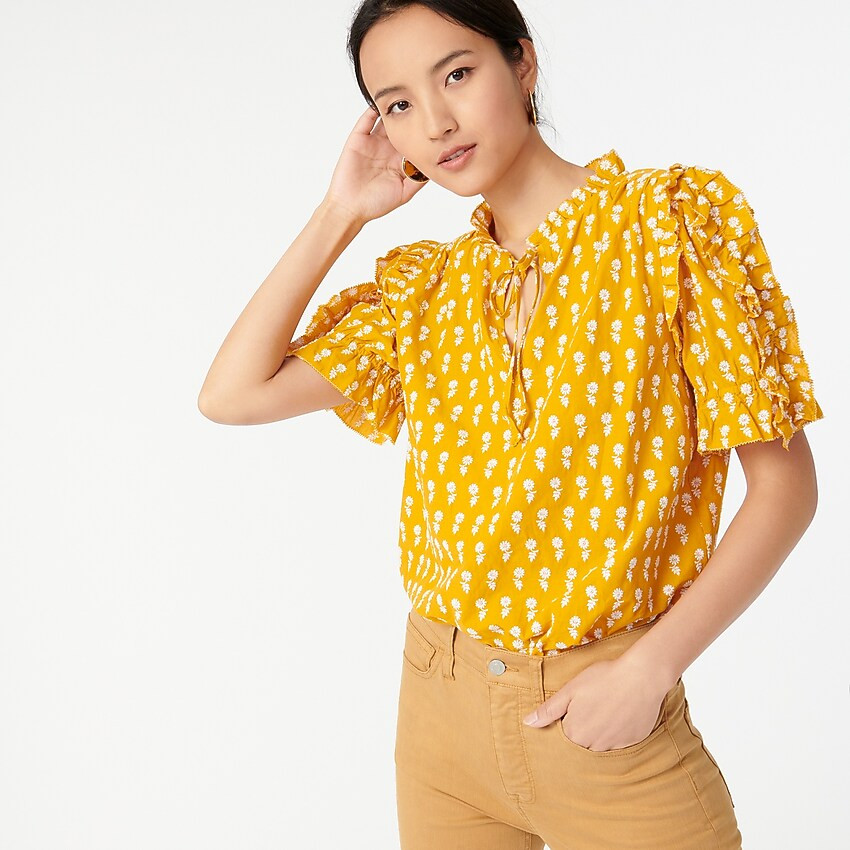 Ruffle-sleeve cotton voile top in floating sunflowers | J. Crew US