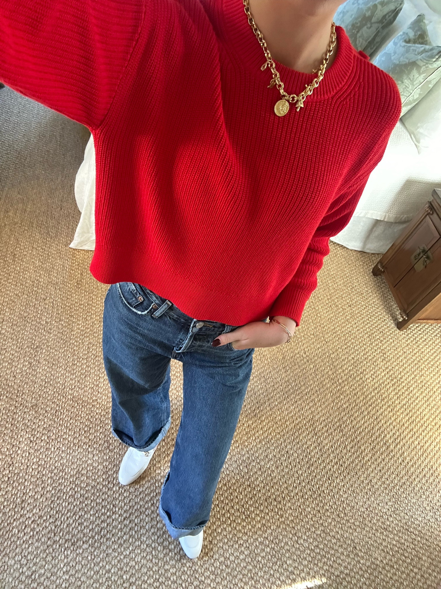 Work outfit. Red button sweater with Agolde dark wash jeans. Gold charm necklace. Ivory Mule shoes. Vacation outfits. Cherry coded. Moto Boho. Minimalist outfits. Capsule wardrobe. Street style. Retro looks. Effortless elegance. Chunky boots. Statement coats. Cozy sweaters. Holiday party outfit. Monochromatic looks. Natural glam. 


#LTKTravel #LTKStyleTip #LTKWorkwear