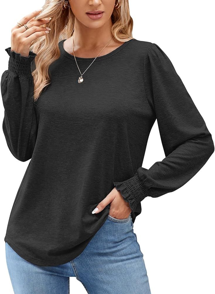 LAISHEN Womens Shirts Long Sleeve Tops Crew Neck Ruffle Dressy Casual Blouse Loose T Shirts | Amazon (US)
