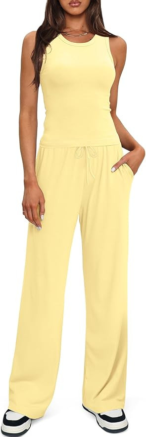 Darong Women's 2 Piece Lounge Sets Sleeveless Tank Tops Wide Leg Pants Sets Tracksuits Matching O... | Amazon (US)