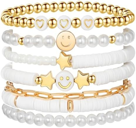 Preppy Bracelets Set Colorful White Gold Smile Heart Star Polymer Beaded Pearl Clay Stackable Cha... | Amazon (US)