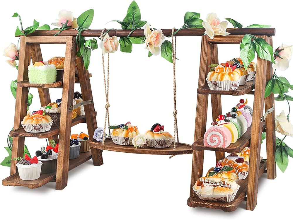 Wooden 3 Tier Cupcake Stand with Swing and Flower Decoration Serving Removable Tray Display Servi... | Amazon (US)