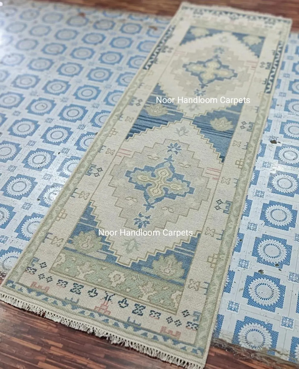 Handmade Wool Oushak Runner Rug 3x9, Blue Beige Vintage Turkish Knot Rug | Area Rug for Living Room 6x9 | Etsy (Global)