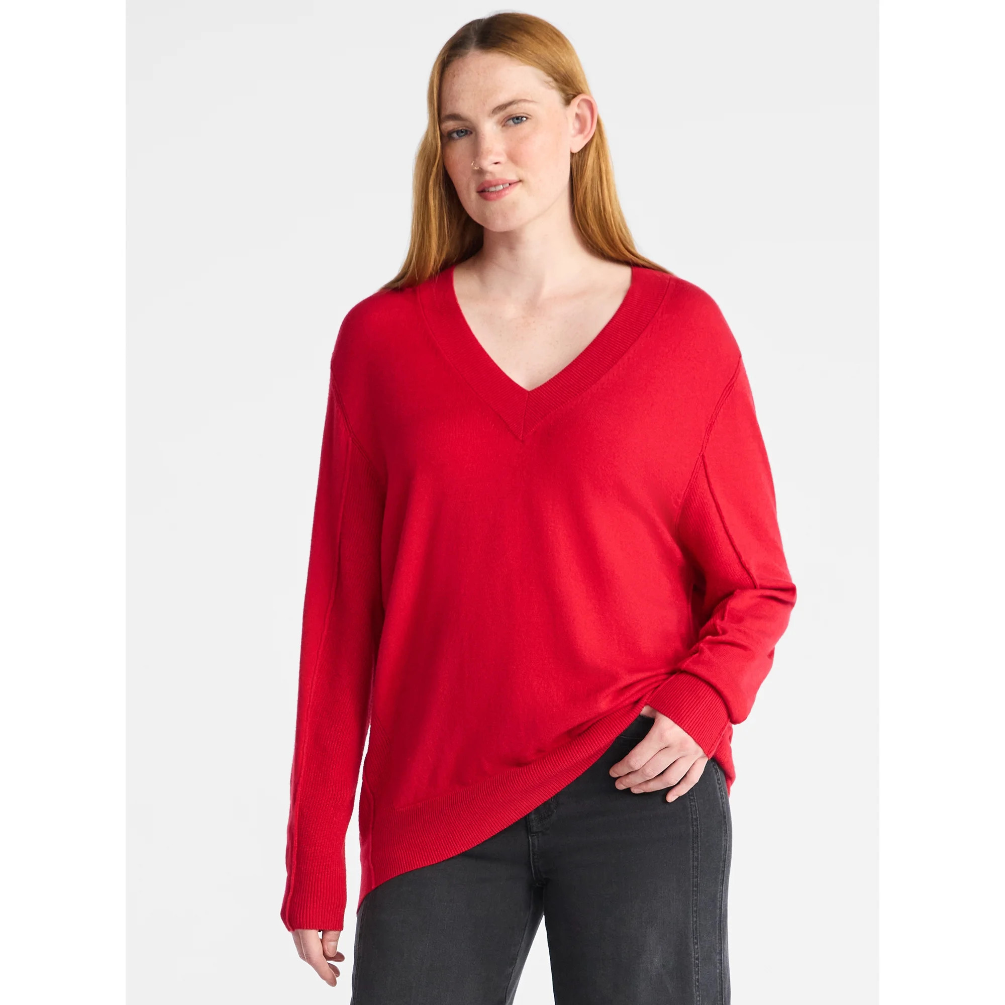 Time and Tru Women's Ribbed Panel V-Neck Sweater with Long Sleeves, Midweight, Sizes XS-XXXL | Walmart (US)
